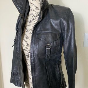 Black leather jacket, fitted at waist size 2